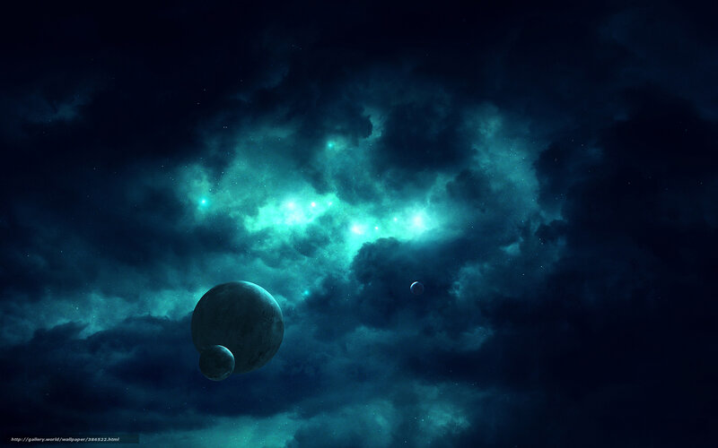 Planets in Nebula — Blue, Dramatic, Night, Digital Art, Stars, Moons