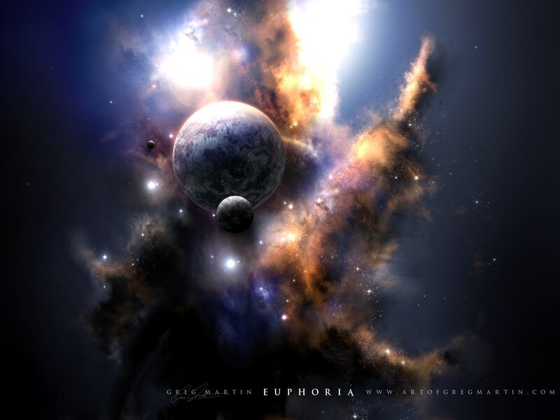 Planets in Nebula — Blue, Dramatic, Night, Digital Art, Stars, Planet