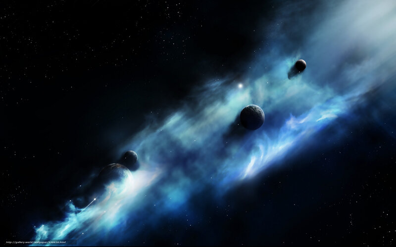 Planets in Nebula — Blue, Dramatic, Night, Digital Art, Stars, Space