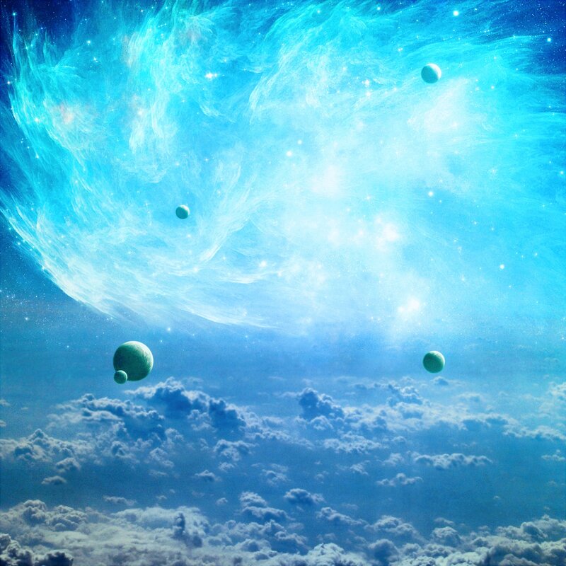 Planets in Nebula — Blue, Serene, Digital Art
