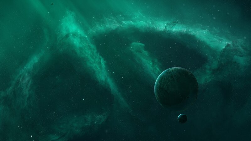 Planets in Nebula — Green, Cosmic, Digital Art, Stars, Moons