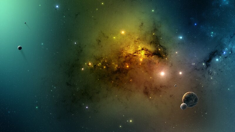 Planets in Nebula — Green, Cosmic, Digital Art, Stars, Space