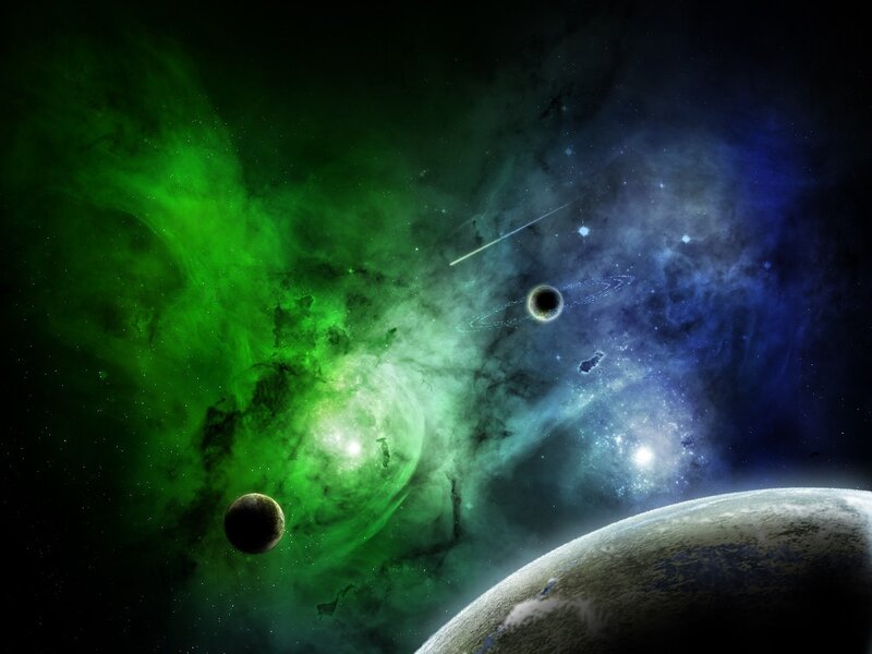 Planets in Nebula — Green, Dramatic, Digital Art, Planet