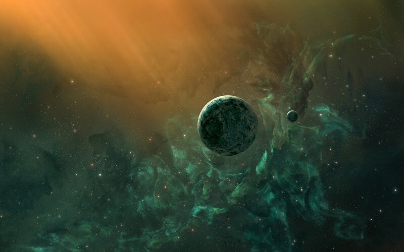 Planets in Nebula — Green, Dramatic, Digital Art, Stars, Moon