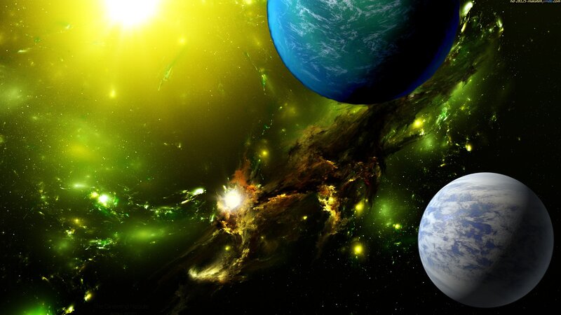 Planets in Nebula — Green, Dramatic, Digital Art