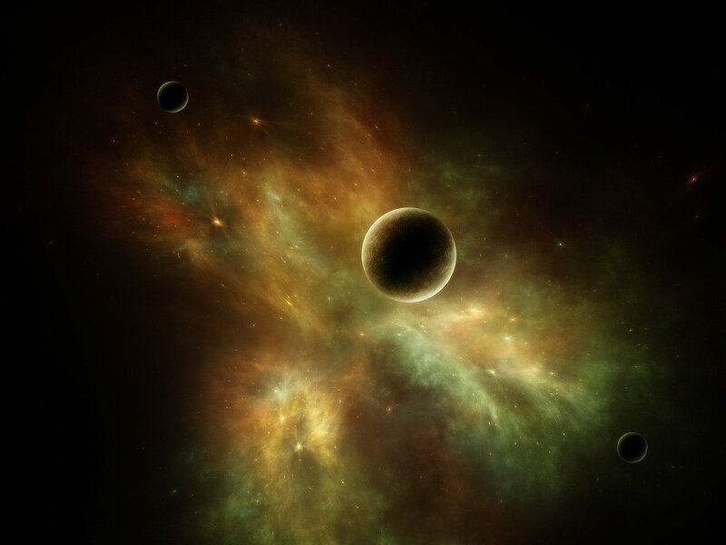 Planets in Nebula — Green, Dramatic, Night, Digital Art