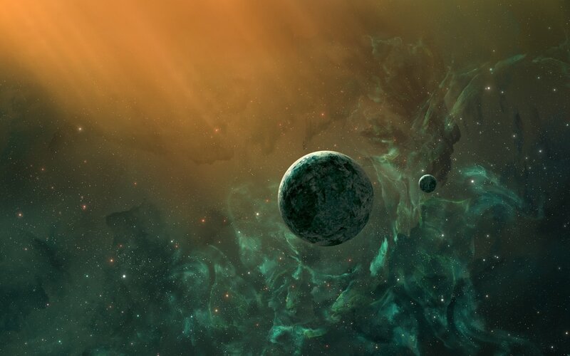 Planets in Nebula — Green, Dramatic