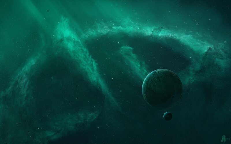 Planets in Nebula — Green, Serene, Night