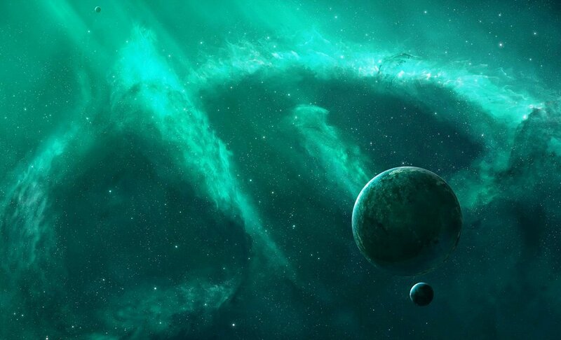 Planets in Nebula — Green, Serene