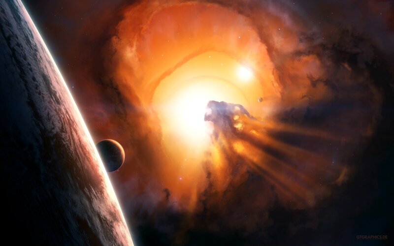 Planets in Nebula — Orange, Dramatic, Digital Art, Planet