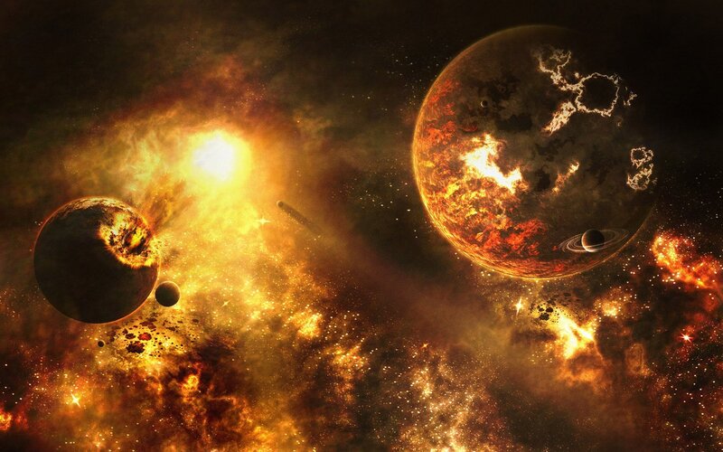 Planets in Nebula — Orange, Dramatic, Digital Art, Stars, Asteroids