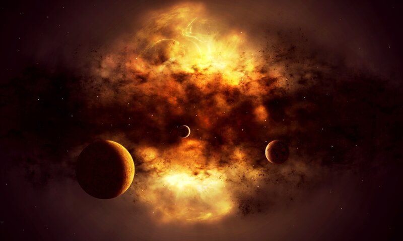 Planets in Nebula — Orange, Dramatic, Digital Art, Stars, Gas Cloud