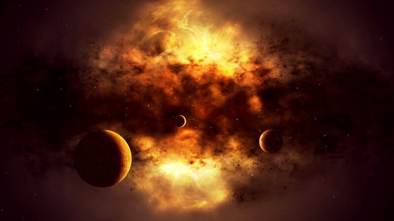 Planets in Nebula — Orange, Dramatic, Digital Art, Stars, Gas Clouds, Planet