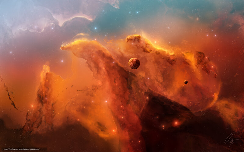 Planets in Nebula — Orange, Dramatic, Digital Art, Stars, Gas Clouds