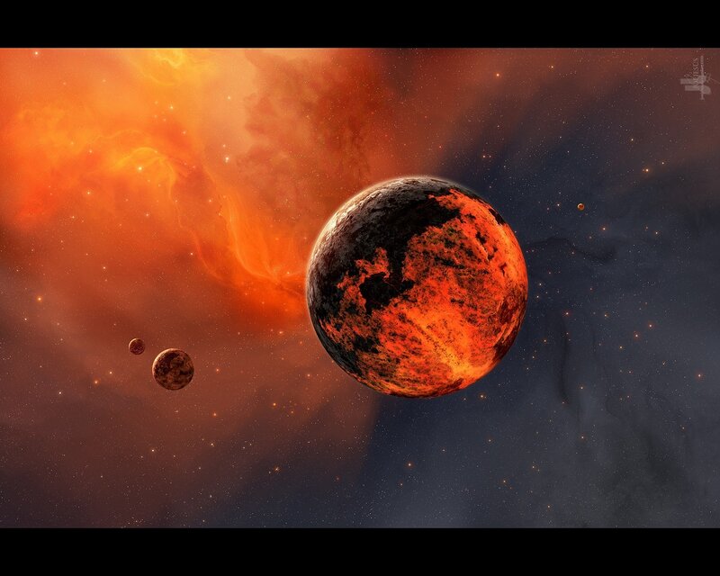 Planets in Nebula — Orange, Dramatic, Digital Art, Stars, Moons