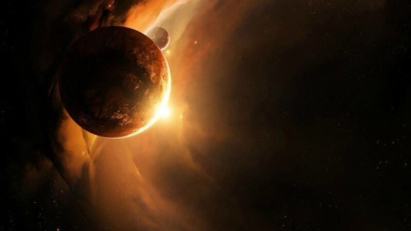 Planets in Nebula — Orange, Dramatic, Digital Art, Stars, Planet, Black