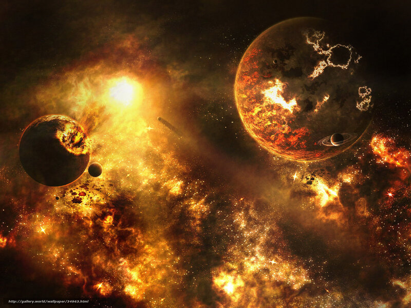 Planets in Nebula — Orange, Dramatic, Digital Art, Stars, Space Debris