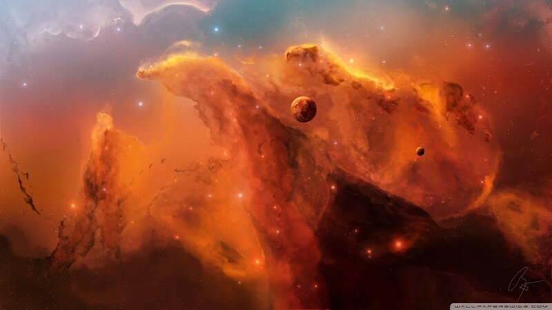 Planets in Nebula — Orange, Dramatic, Digital Art