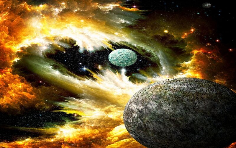 Planets in Nebula — Orange, Dramatic