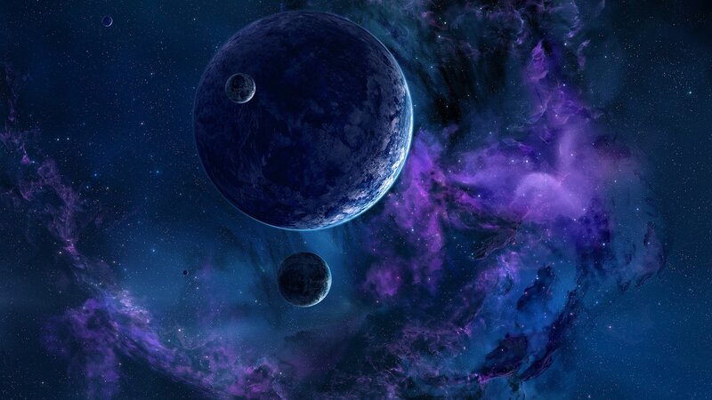 Planets in Nebula — Purple, Cosmic, Digital Art, Stars, Moons