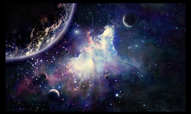 Planets in Nebula — Purple, Cosmic, Night, Digital Art, Stars, Planet, Moon