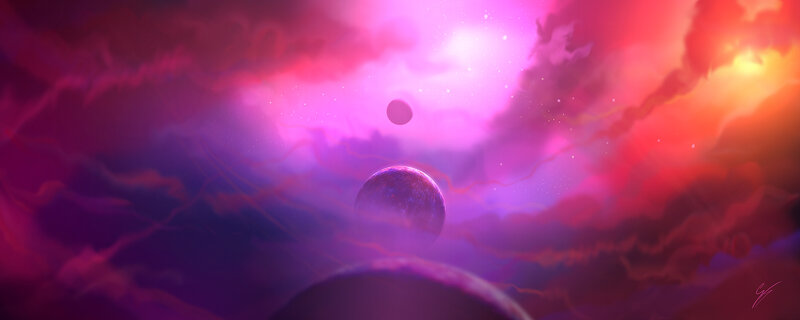 Planets in Nebula — Purple, Dramatic, Digital Art, Stars, Clouds