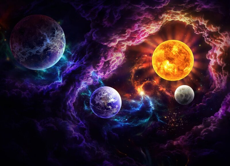 Planets in Nebula — Purple, Dramatic, Digital Art, Sun