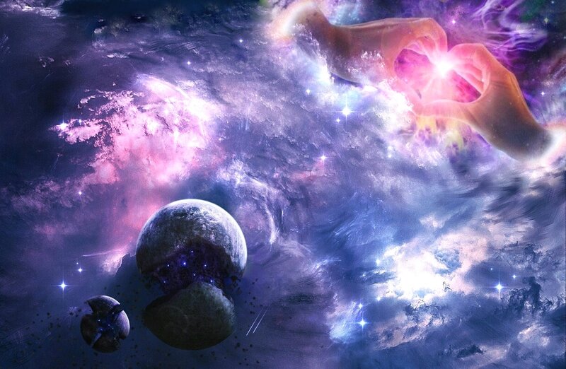 Planets in Nebula — Purple, Dramatic, Night, Digital Art, Stars, Hands