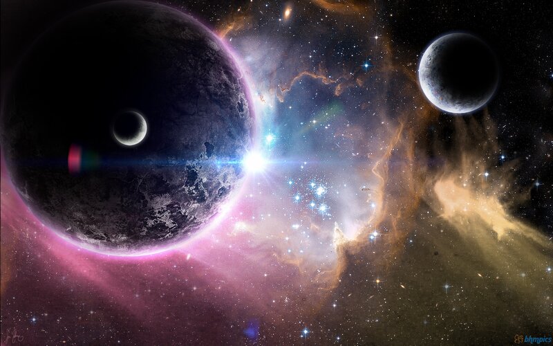 Planets in Nebula — Purple, Dramatic, Night, Digital Art, Stars, Moons