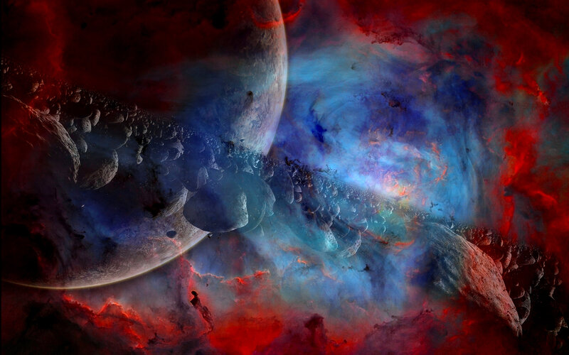 Planets in Nebula — Red, Dramatic, Digital Art, Asteroids, Planet