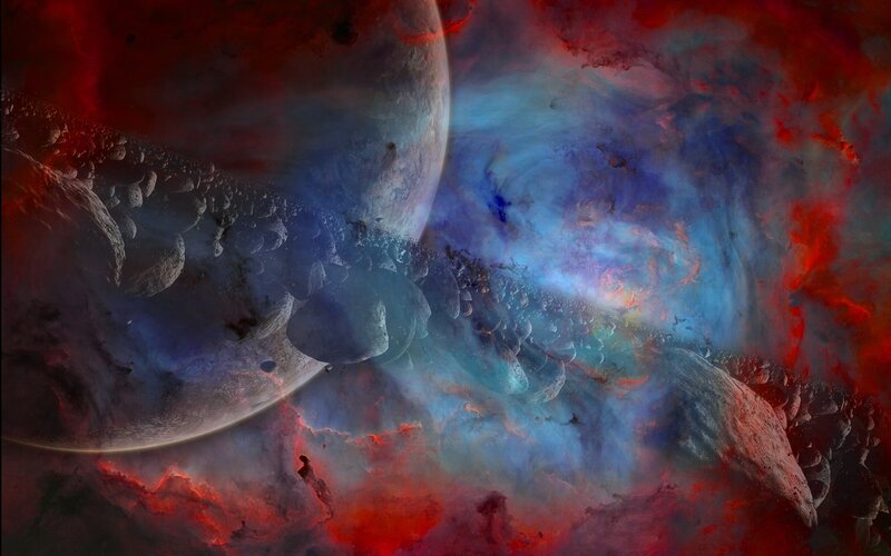 Planets in Nebula — Red, Dramatic, Digital Art, Asteroids