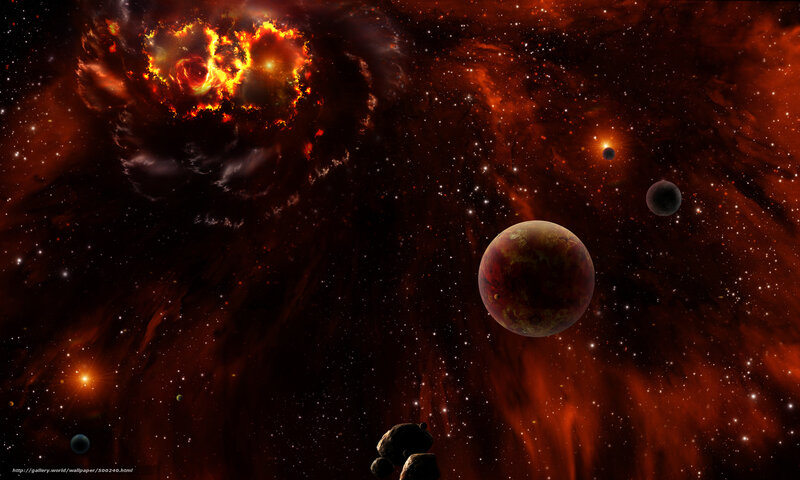 Planets in Nebula — Red, Dramatic, Digital Art, Stars, Asteroids