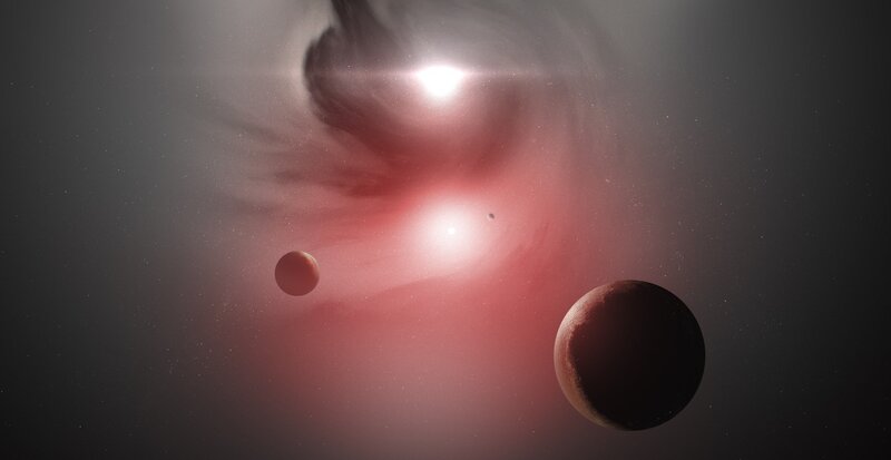 Planets in Nebula — Red, Dramatic, Digital Art, Stars, Gas Clouds
