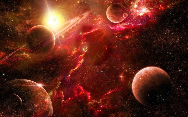 Planets in Nebula — Red, Dramatic, Digital Art, Stars, Planet, Ring