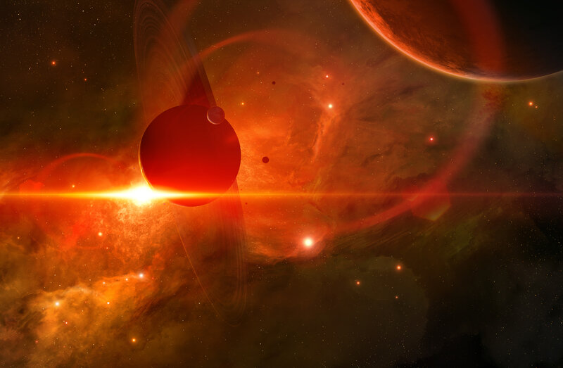 Planets in Nebula — Red, Dramatic, Digital Art, Stars, Planet