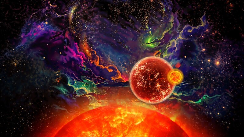 Planets in Nebula — Red, Dramatic, Digital Art, Stars, Sun