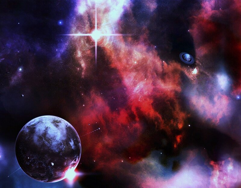 Planets in Nebula — Red, Dramatic, Digital Art, Stars