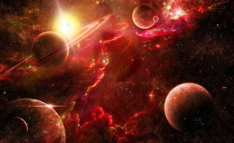 Planets in Nebula — Red, Dramatic, Digital Art
