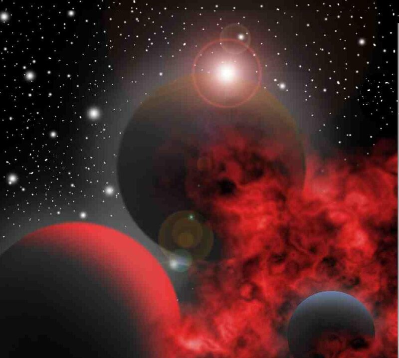 Planets in Nebula — Red, Dramatic, Night, Digital Art, Stars, Planet, Black, White