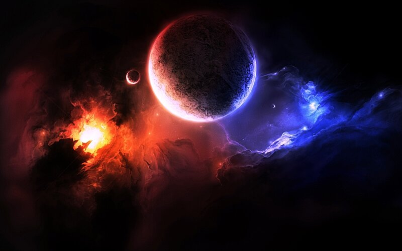 Planets in Nebula — Red, Dramatic, Night, Digital Art, Stars, Planet, Blue