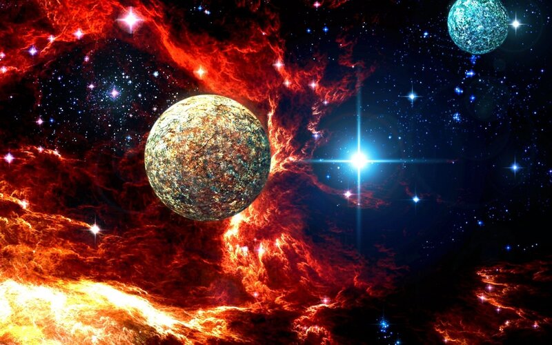 Planets in Nebula — Red, Dramatic, Night, Digital Art, Stars, Planet