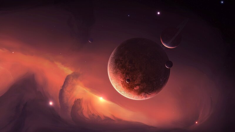 Planets in Nebula — Red, Dramatic, Night, Digital Art, Stars