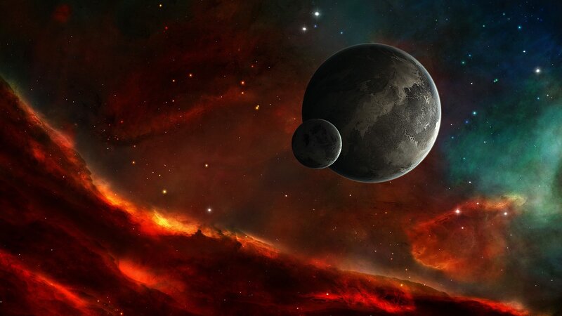 Planets in Nebula — Red, Dramatic, Night, Digital Art