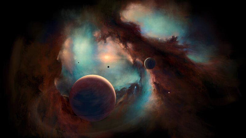 Planets in Nebula — Teal, Dramatic