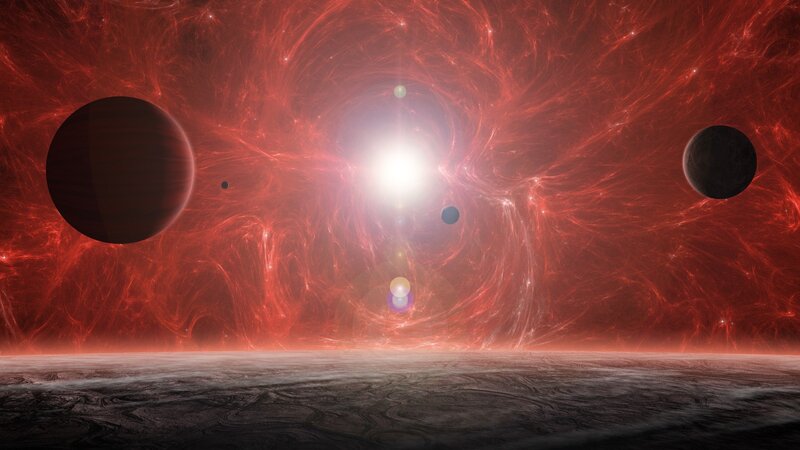 Planets in Red Nebula — Dramatic, Digital Art