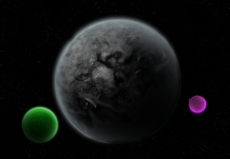 Planets in Space — Black, Cosmic, Night, Digital Art, Green Planet