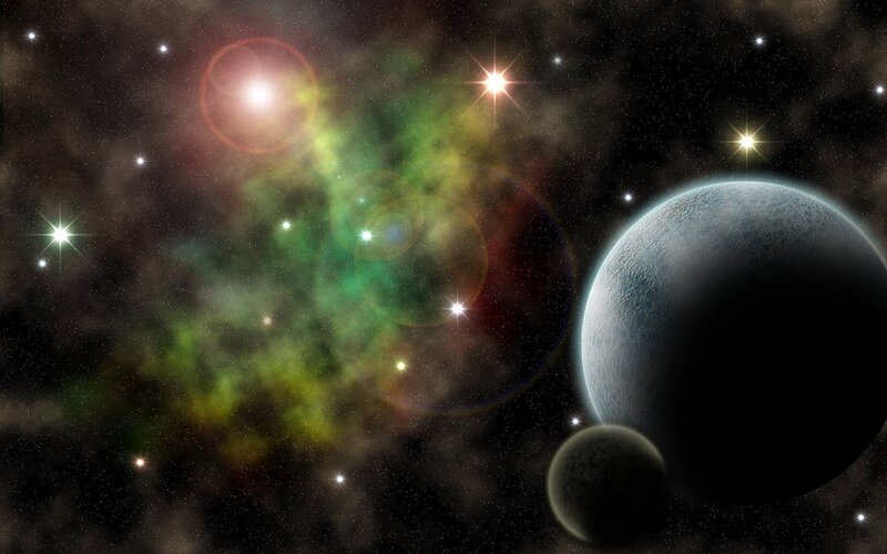 Planets in Space — Black, Cosmic, Night, Digital Art, Stars, Nebula, Planet, Green