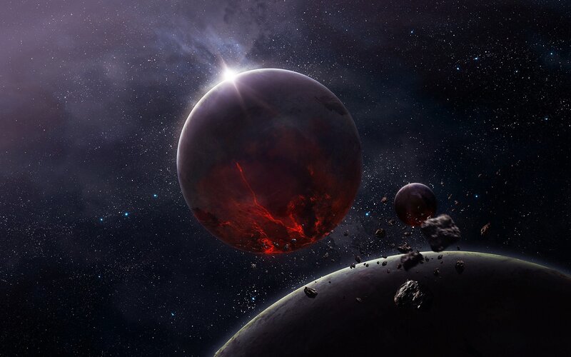 Planets in Space — Black, Dramatic, Digital Art, Asteroids