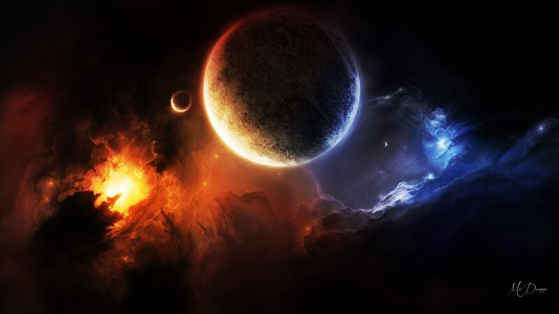 Planets in Space — Black, Dramatic, Digital Art, Nebula