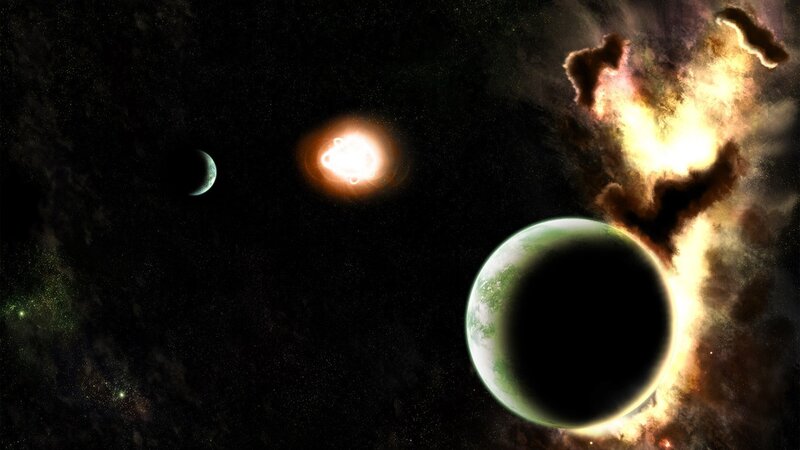 Planets in Space — Black, Dramatic, Digital Art, Star, Moon